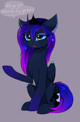 Size: 1268x1920 | Tagged: safe, artist:magnaluna, character:princess luna, species:alicorn, species:pony, bat wings, chest fluff, crown, curved horn, dialogue, did you just assume my gender?, ear fluff, eyeshadow, fluffy, gender, gradient eyes, gray background, jewelry, leg fluff, makeup, open mouth, raised hoof, regalia, simple background, sitting, social justice warrior, solo, speech bubble, triggered, wings