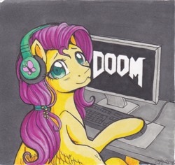 Size: 400x378 | Tagged: safe, artist:nothingspecialx9, character:fluttershy, species:pegasus, species:pony, :3, colored pupils, computer, cute, doom, doom 2016, gamer, headphones, keyboard, looking at you, shyabetes, smiling, solo, this will end in tears