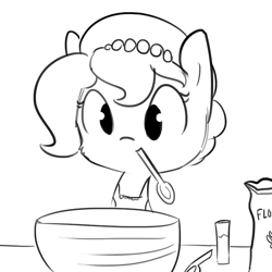 Size: 1100x1100 | Tagged: safe, artist:tjpones, oc, oc only, oc:brownie bun, species:earth pony, species:pony, horse wife, apron, black and white, bowl, clothing, cooking, flour, grayscale, monochrome, mouth hold, simple background, solo, spoon, this will end in fire, this will end in tears and/or breakfast, white background