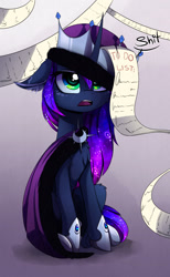 Size: 1186x1920 | Tagged: safe, artist:magnaluna, character:princess luna, species:alicorn, species:pony, chest fluff, crown, curved horn, dialogue, ear fluff, fluffy, jewelry, leg fluff, list, open mouth, regalia, scroll, solo