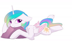 Size: 1280x752 | Tagged: safe, artist:magnaluna, character:princess celestia, species:alicorn, species:pony, colored wings, colored wingtips, cute, cutelestia, female, floppy ears, looking at you, mare, prone, simple background, smiling, solo, underhoof, white background