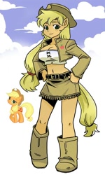 Size: 500x834 | Tagged: safe, artist:shepherd0821, character:applejack, species:anthro, ambiguous facial structure, big breasts, boots, breasts, busty applejack, cloud, cloudy, female