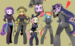 Size: 1024x635 | Tagged: safe, artist:shepherd0821, character:applejack, character:fluttershy, character:pinkie pie, character:rainbow dash, character:rarity, character:twilight sparkle, species:anthro, species:unguligrade anthro, ambiguous facial structure, ass, big breasts, breasts, busty applejack, busty fluttershy, catsuit, female, mane six, ninja, twibutt