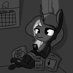 Size: 1280x1280 | Tagged: safe, artist:tjpones, edit, editor:dsp2003, oc, oc only, oc:chips, species:changeling, changeling queen, changeling queen oc, chips, female, food, monochrome, phone, smartphone, soylent green