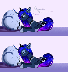 Size: 1280x1342 | Tagged: safe, artist:magnaluna, character:princess luna, oc, oc:zefiroth, species:dragon, baby dragon, colored wings, colored wingtips, comic, cute, dragon egg, egg, eyes closed, eyeshadow, fluffy, implied canon x oc, implied shipping, makeup, prone, smiling, spanish, translated in the comments