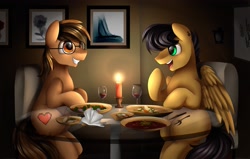 Size: 3509x2232 | Tagged: safe, artist:pridark, oc, oc only, species:earth pony, species:pegasus, species:pony, beverage, candlelight, commission, dinner, food, fork, glass, glasses, happy, open mouth, plate, spoon, table