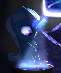 Size: 2000x2400 | Tagged: safe, artist:madacon, character:trixie, species:pony, species:unicorn, newbie artist training grounds, alternate hairstyle, atg 2016, crepuscular rays, female, mare, shooting star, smiling, solo, window