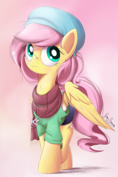 Size: 1500x2250 | Tagged: safe, artist:bugplayer, character:fluttershy, species:pegasus, species:pony, bugplayer is trying to murder us, clothing, cute, cutie mark necklace, female, fluffy, frown, hat, hilarious in hindsight, hipster, hipstershy, jewelry, mare, necklace, raised leg, scarf, shirt, shyabetes, solo, spread wings, stray strand, wings, winter outfit