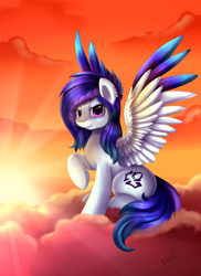 Size: 2550x3509 | Tagged: safe, artist:pridark, oc, oc only, oc:azura, species:pegasus, species:pony, cloud, colored wings, colored wingtips, ear piercing, earring, jewelry, piercing, solo