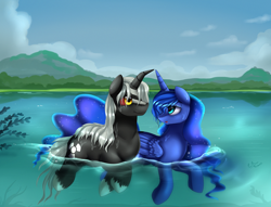 Size: 2870x2198 | Tagged: safe, artist:pridark, character:princess luna, species:alicorn, species:pony, species:unicorn, fanfic:the bridge, buoyant, canon x oc, colored sclera, commission, crooked horn, duck pony, female, godzilla (series), godzilla junior, kaiju pony, lake, lunazilla, male, mare, open mouth, ponified, red sclera, scenery, shipping, signature, sipping, stallion, straight, swimming, water, wet