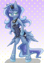 Size: 1728x2480 | Tagged: safe, artist:azurepicker, character:princess luna, species:anthro, species:unguligrade anthro, blushing, both cutie marks, bow, butt wings, clothing, corset, featureless crotch, female, lingerie, pixiv, polka dot background, shoes, solo, tongue out