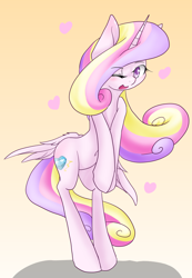 Size: 1728x2500 | Tagged: safe, artist:azurepicker, character:princess cadance, species:pony, belly button, bipedal, butt wings, gradient background, heart, one eye closed, solo, wink