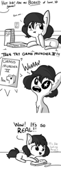 Size: 1080x3048 | Tagged: safe, artist:tjpones, oc, oc only, species:earth pony, species:pony, horse wife, chest fluff, comic, controller, dialogue, ear fluff, female, game, grass muncher iv, grayscale, jenga, mare, monochrome, offscreen character, simple background, solo, starry eyes, the simpsons, video game, white background, wingding eyes