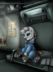Size: 2550x3509 | Tagged: safe, artist:pridark, oc, oc only, oc:haefen, species:zebra, fallout equestria, bed, bedroom, boots, clothing, commission, poster, sad, shoes, sitting, solo, stable, stable-tec, vault suit