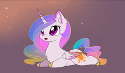 Size: 1280x752 | Tagged: safe, artist:magnaluna, character:princess celestia, species:alicorn, species:pony, chest fluff, chibi, colored wings, colored wingtips, cute, cutelestia, ear fluff, female, fluffy, heart eyes, looking up, open mouth, prone, smiling, solo, sploot, wingding eyes