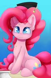 Size: 3000x4600 | Tagged: safe, artist:madacon, character:pinkie pie, species:earth pony, species:pony, newbie artist training grounds, :3, absurd resolution, atg 2016, chest fluff, clothing, colored pupils, cute, diapinkes, ear fluff, female, fluffy, graduation, graduation cap, hat, hoof fluff, leg fluff, mare, sitting, smiling, solo, wavy mouth