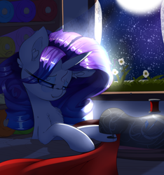 Size: 3000x3200 | Tagged: safe, artist:madacon, character:rarity, newbie artist training grounds, atg 2016, chest fluff, moonlight, night sky, sewing, sewing machine, solo, stars