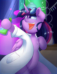 Size: 3000x3900 | Tagged: safe, artist:madacon, character:twilight sparkle, character:twilight sparkle (alicorn), species:alicorn, species:pony, newbie artist training grounds, atg 2016, chalkboard, chest fluff, clothing, erlenmeyer flask, flask, happy, lab coat, laboratory, liquid, open mouth, science, solo, that pony sure does love science