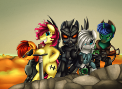 Size: 3509x2550 | Tagged: safe, artist:pridark, oc, oc only, species:pony, species:zebra, fallout equestria, armor, bipedal, clothing, commission, group, loose hair, sword, wasteland, weapon