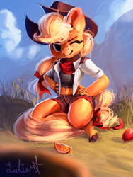 Size: 800x1065 | Tagged: safe, artist:lulemt, character:applejack, species:anthro, species:unguligrade anthro, cloven hooves, female, looking at you, one eye closed, signature, solo, wink