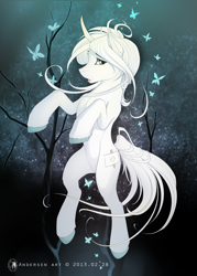 Size: 2200x3070 | Tagged: dead source, safe, artist:antiander, oc, oc only, species:pony, species:unicorn, butterfly, floating, looking at you, solo, white fur, white mane