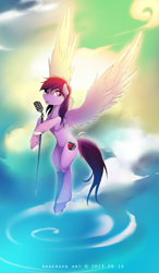 Size: 2679x4592 | Tagged: safe, artist:antiander, oc, oc only, species:pegasus, species:pony, flying, microphone, singing, sky, solo, spread wings, wings