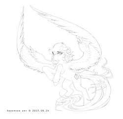 Size: 3300x3200 | Tagged: safe, artist:antiander, oc, oc only, species:pegasus, species:pony, big wings, lineart, looking at you, monochrome, solo, spread wings, wings