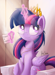 Size: 1760x2400 | Tagged: safe, artist:bugplayer, character:twilight sparkle, character:twilight sparkle (alicorn), species:alicorn, species:pony, beverage, bugplayer is trying to murder us, chest fluff, crepuscular rays, crown, cup, cute, female, jewelry, magic, mare, mug, necklace, regalia, signature, sitting, smiling, solo, twiabetes