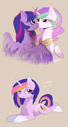 Size: 1032x1920 | Tagged: safe, artist:magnaluna, character:princess celestia, character:twilight sparkle, character:twilight sparkle (alicorn), oc, oc:lumina, parent:princess celestia, parent:twilight sparkle, parents:twilestia, species:alicorn, species:pony, ship:twilestia, :t, boop, colored wings, colored wingtips, eye contact, female, fluffy, kissing, lesbian, lidded eyes, looking at each other, looking at you, magical lesbian spawn, noseboop, offspring, prone, shipping, smiling, spread wings, wings