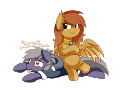 Size: 2494x1816 | Tagged: safe, artist:pridark, oc, oc only, oc:beat, oc:cleo, species:earth pony, species:pony, species:sphinx, blushing, circling stars, commission, crossed legs, cute, dizzy, duo, heart eyes, knockout, simple background, sitting, sitting on pony, sphinx oc, tongue out, transparent background, wingding eyes, wrestling, wristband