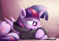 Size: 2700x1900 | Tagged: safe, artist:bugplayer, character:twilight sparkle, character:twilight sparkle (alicorn), species:alicorn, species:pony, bored, clothing, crossed hooves, cute, earbuds, female, gradient background, hoodie, ipod, lidded eyes, listening, looking down, lying down, mare, mp3 player, music, prone, purple background, simple background, solo, twiabetes