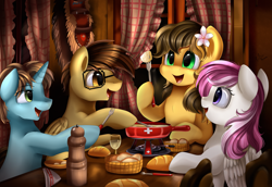Size: 3701x2550 | Tagged: safe, artist:pridark, oc, oc only, species:earth pony, species:pegasus, species:pony, species:unicorn, bread, chair, commission, dining room, fondue, food, fork, glass, hoof hold, open mouth, plate, signature, sitting, table