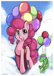 Size: 651x904 | Tagged: safe, artist:ende26, character:gummy, character:pinkie pie, species:earth pony, species:pony, alligator, balloon, cloud, cloudy, female, flying, happy, mare, then watch her balloons lift her up to the sky