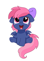 Size: 2550x3509 | Tagged: safe, artist:pridark, oc, oc only, oc:ribbon moon, species:earth pony, species:pegasus, species:pony, 2018 community collab, derpibooru community collaboration, blush sticker, blushing, bow, cute, female, filly, floppy ears, hair bow, looking up, ocbetes, open mouth, simple background, sitting, smiling, solo, transparent background