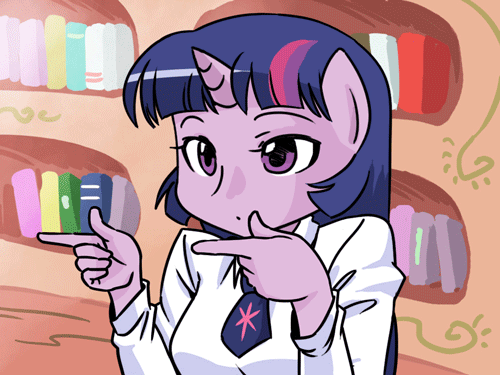Size: 500x375 | Tagged: safe, artist:shepherd0821, character:twilight sparkle, character:twilight sparkle (unicorn), species:anthro, species:pony, species:unicorn, ambiguous facial structure, animated, anime, book, chuunibyou demo koi ga shitai!, clothing, cute, female, finger spin, gif, golden oaks library, loop, mare, meme, parody, shirt, solo, woop woop