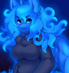 Size: 2578x2711 | Tagged: safe, artist:pekou, character:princess luna, species:anthro, breasts, busty princess luna, clothing, color porn, female, glowing mane, looking at you, missing accessory, solo