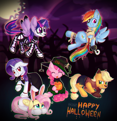 Size: 600x621 | Tagged: safe, artist:falldust, character:applejack, character:fluttershy, character:pinkie pie, character:rainbow dash, character:rarity, character:twilight sparkle, character:twilight sparkle (alicorn), species:alicorn, species:pony, animal costume, bone, bunny costume, clothing, costume, grin, halloween, hat, hengstwolf, jack-o-lantern, mane six, moon, night, nightmare night, nightmare night costume, pirate, pirate costume, pirate dash, pumpkin, skeleton costume, smiling, vampire, witch, witch hat, wolf costume
