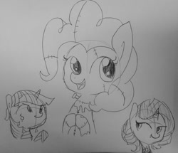 Size: 1251x1074 | Tagged: safe, artist:tjpones, character:pinkie pie, character:rarity, character:twilight sparkle, species:earth pony, species:pony, species:unicorn, bandage, black and white, fangs, frankenstein's monster, grayscale, lineart, monochrome, monster, mummy, stitches, traditional art, vampire