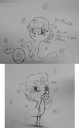 Size: 1280x2065 | Tagged: safe, artist:tjpones, oc, oc only, species:pony, black and white, black sclera, drinking, dripping, floating, ghost, grayscale, hoof hold, lineart, monochrome, sipping, soda, spilled drink, traditional art