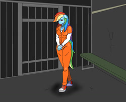 Size: 1024x832 | Tagged: safe, artist:nwinter3, character:rainbow dash, species:anthro, species:plantigrade anthro, bound wings, chains, clothing, converse, cuffs, female, prison, prison outfit, prisoner, prisoner rd, sad, shoes, sneakers, solo