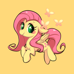 Size: 450x450 | Tagged: safe, artist:phyllismi, character:fluttershy, species:pegasus, species:pony, butterfly, cute, female, floppy ears, mare, orange background, pixiv, shyabetes, simple background, solo