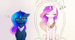 Size: 1280x683 | Tagged: safe, artist:magnaluna, character:princess celestia, character:princess luna, ..., chest fluff, colored wings, colored wingtips, ear fluff, eyelashes, eyes closed, floppy ears, frown, galaxy mane, horn, lidded eyes, royal sisters, simple background, sitting, sleeping, snoring, throne, unamused, white background, wing fluff, zzz