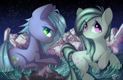 Size: 1964x1271 | Tagged: safe, artist:kawaiipony2, character:limestone pie, character:marble pie, species:earth pony, species:pony, cute, duo, female, limabetes, looking at you, lying down, marblebetes, mare, night, prone, rock farm, sisters, smiling, starry night, stars, underhoof