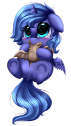 Size: 1417x2503 | Tagged: safe, artist:pridark, character:princess luna, species:alicorn, species:bat, species:pony, blushing, crying, cute, dock, eye reflection, filly, floppy ears, foal, lunabetes, nom, on back, plushie, pridark is trying to murder us, reflection, sad, simple background, sitting, smiling, solo, transparent background, underhoof, weapons-grade cute, woona, younger