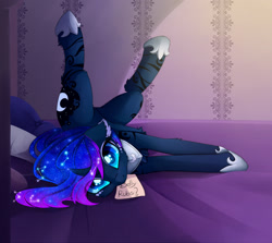 Size: 2100x1877 | Tagged: safe, artist:magnaluna, character:princess luna, species:alicorn, species:pony, g4, bed, behaving like a cat, bellyrubs, bronybait, chest fluff, clothing, coat markings, colored pupils, constellation, curved horn, cute, ear fluff, eye clipping through hair, female, flexible, floppy ears, fluffy, galaxy mane, gradient hair, hoof shoes, imminent belly rub, jewelry, leg fluff, legs in air, looking at you, lunabetes, makeup, mare, missing accessory, mouth hold, multicolored hair, necklace, note, on back, peytral, shoes, solo, wingding eyes