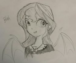 Size: 1265x1043 | Tagged: safe, artist:tjpones, character:sunset shimmer, my little pony:equestria girls, bat wings, bleh, bust, dialogue, female, grayscale, monochrome, open mouth, portrait, solo, spread wings, traditional art, vampire, wings