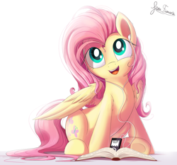 Size: 2400x2240 | Tagged: safe, artist:bugplayer, character:fluttershy, species:pegasus, species:pony, book, bugplayer is trying to murder us, cute, dawwww, dethklok, earbuds, female, hnnng, ipod, listening, mare, mp3 player, music, open mouth, shyabetes, signature, simple background, sitting, smiling, solo, sweet dreams fuel, underhoof, weapons-grade cute, white background