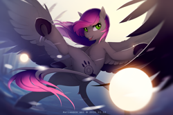 Size: 2600x1733 | Tagged: safe, artist:antiander, oc, oc only, oc:evening howler, species:pegasus, species:pony, big wings, butt, colored wings, colored wingtips, dreamcatcher, featureless crotch, female, flying, leonine tail, looking at you, mare, open mouth, plot, raised leg, solo, spread wings, underhoof, upside down, windswept mane, wings