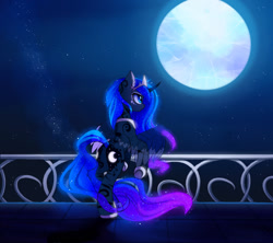 Size: 1280x1138 | Tagged: safe, artist:magnaluna, character:princess luna, species:alicorn, species:pony, balcony, both cutie marks, color porn, crown, curved horn, ear fluff, female, full moon, galaxy mane, jewelry, mare, moon, moonbutt, night, plot, regalia, solo, stars