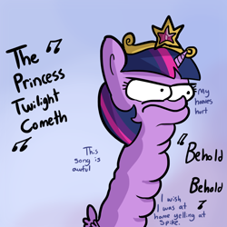 Size: 1280x1280 | Tagged: safe, artist:tjpones, character:twilight sparkle, character:twilight sparkle (alicorn), species:alicorn, species:pony, angry, bust, coronation, dialogue, element of magic, frown, glare, gradient background, inner thoughts, long neck, majestic as fuck, multiple chins, music notes, portrait, solo, spread wings, twibitch sparkle, wat, wings